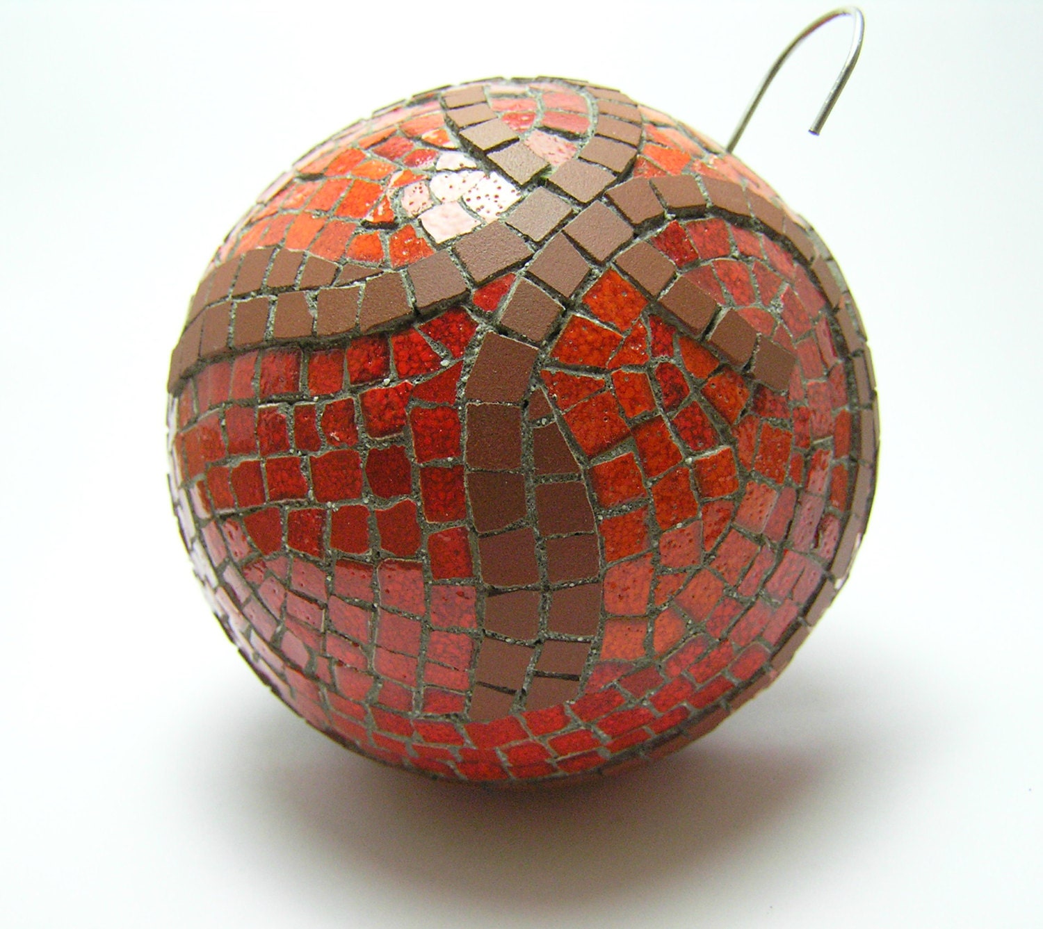 Mosaic Handmade Ornament Ball - Christmas Tree and House decoration - red orange brown ceramic tiles