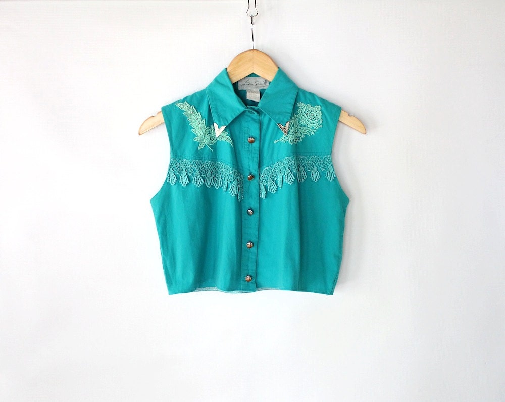 Vintage 80s Teal Lace and Silver Western Cropped Top with Collar Points // Small