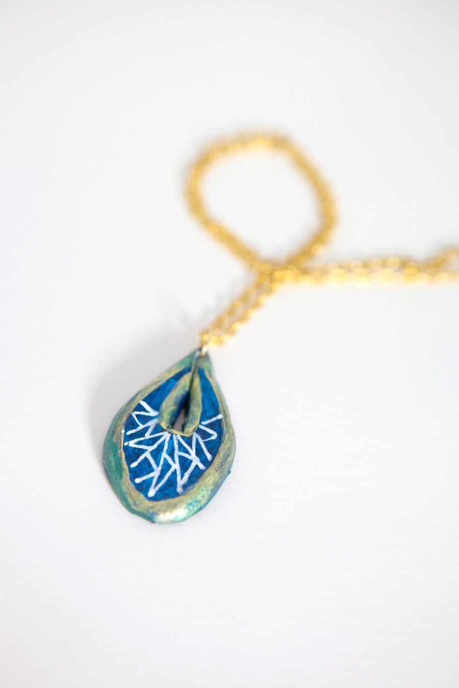 Navy Blue Gold Pendant Necklace OOAK Dreamcatcher Abstract Geometric, Hipster, Boho, Chic, Nature Pendant by Kimberly Kling