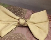 ON SALE- Ivory Silk Dupioni Bow- ivory silk bridal hair accessory-Vintage Swarovski Crystal Center-Bridal Hair Accessory- Bridal Sash