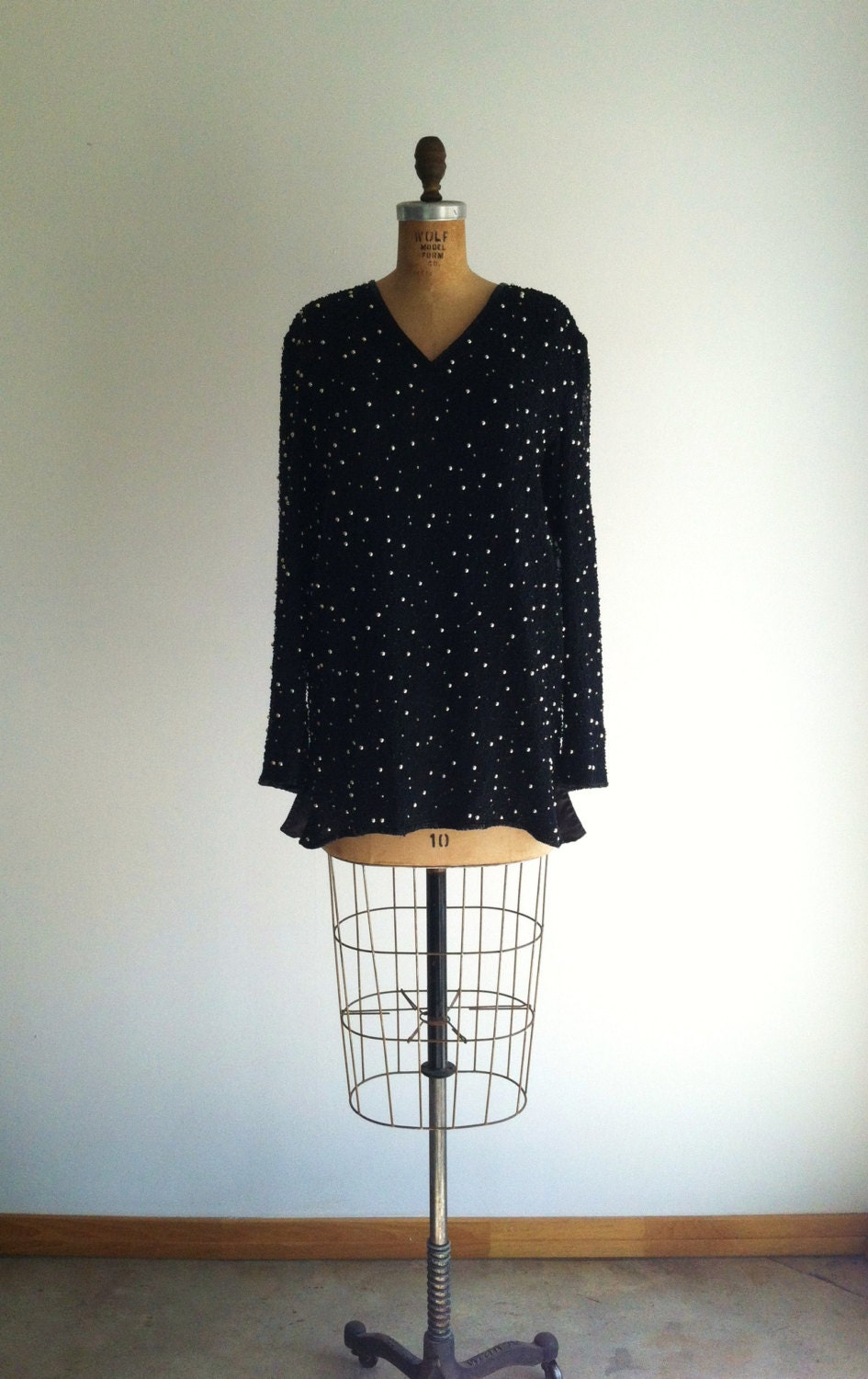 Black Beaded Blouse Vintage 80s Glam Micro Mini Dress Sequin Silk Tunic Top L