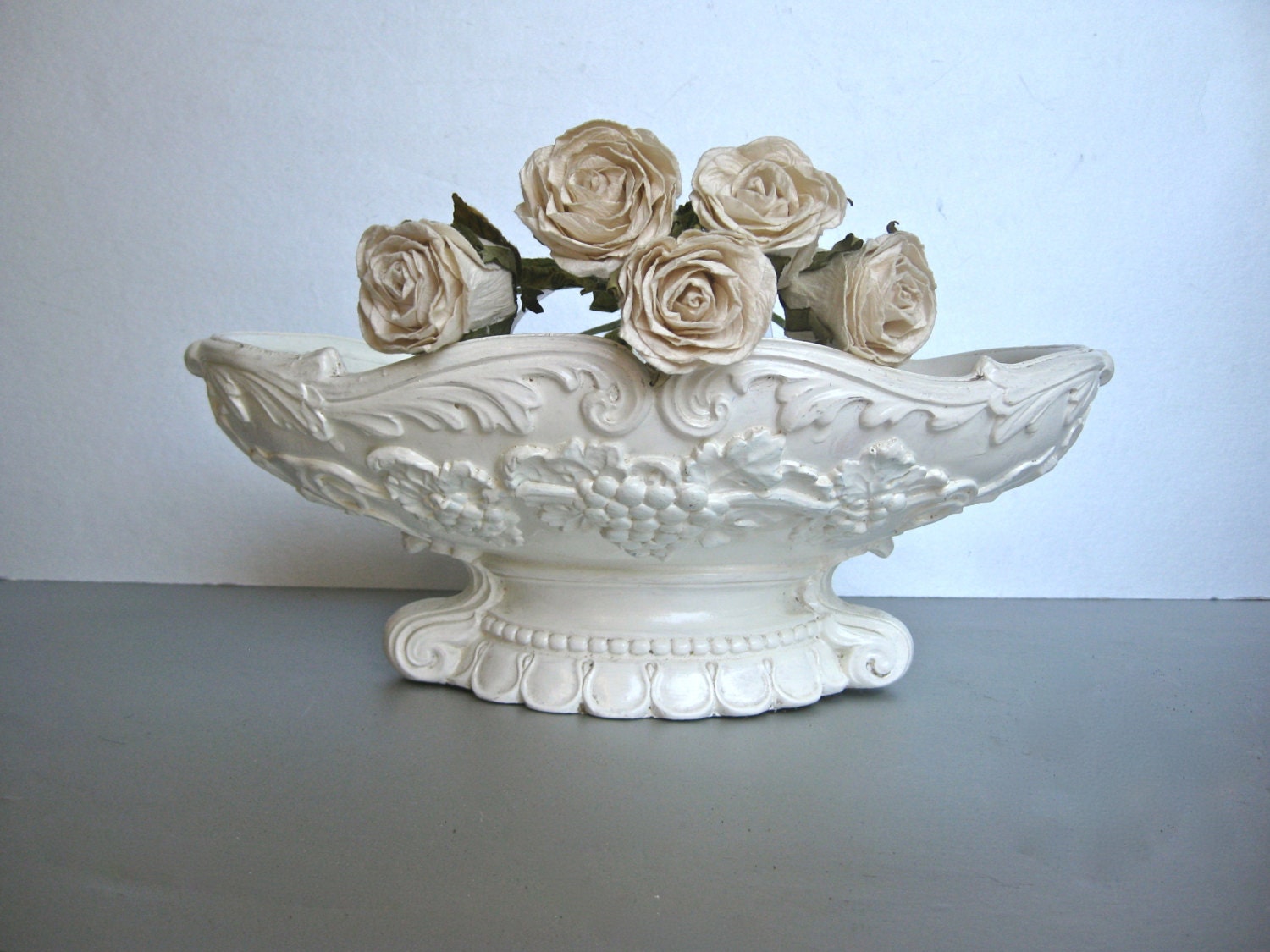 Vintage White Bowl, Basket, Planter, Plaster, French Country, Cottage Decor, Shabby, Ornate, Farmhouse