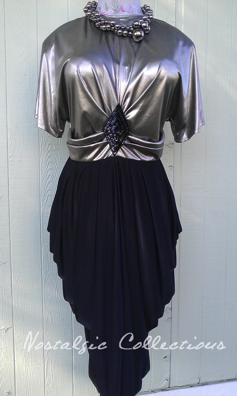 80s GLAM Silver Metallic Black COCKTAIL Dress SEQUINS New Years Eve Party 8 10 Medium