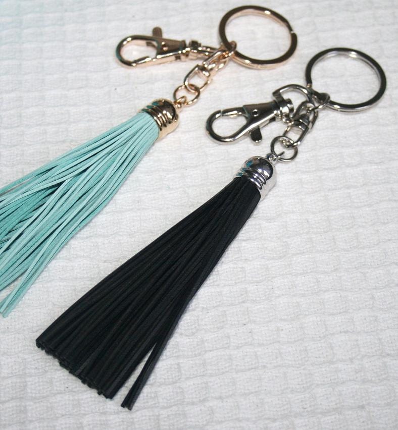 Leather Tassel Keychain, Tassel Key Ring with Clasp, Tassel Bag Charm, Choose Color, Mint, Black, Funky Big Accessorie - Silver or Gold