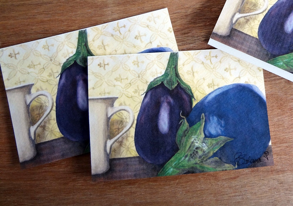 eggplant note cards, card set, watercolor art print cards