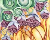 original flower watercolor, purple flowers, surreal art