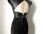 Vintage Leather Suede Cut Out Black Short Body Con Dress Backless 1980s Real Leather