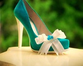 Shoe Clips Something Blue  & Ivory / White / Aqua / Green / Navy Bows. Whimsical Summer Autumn Fall, Pearls Satin Ribbon, Bright Happy Chic