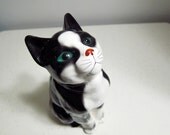 vintage Ceramic Tuxedo Cat - black and white cat with green eyes
