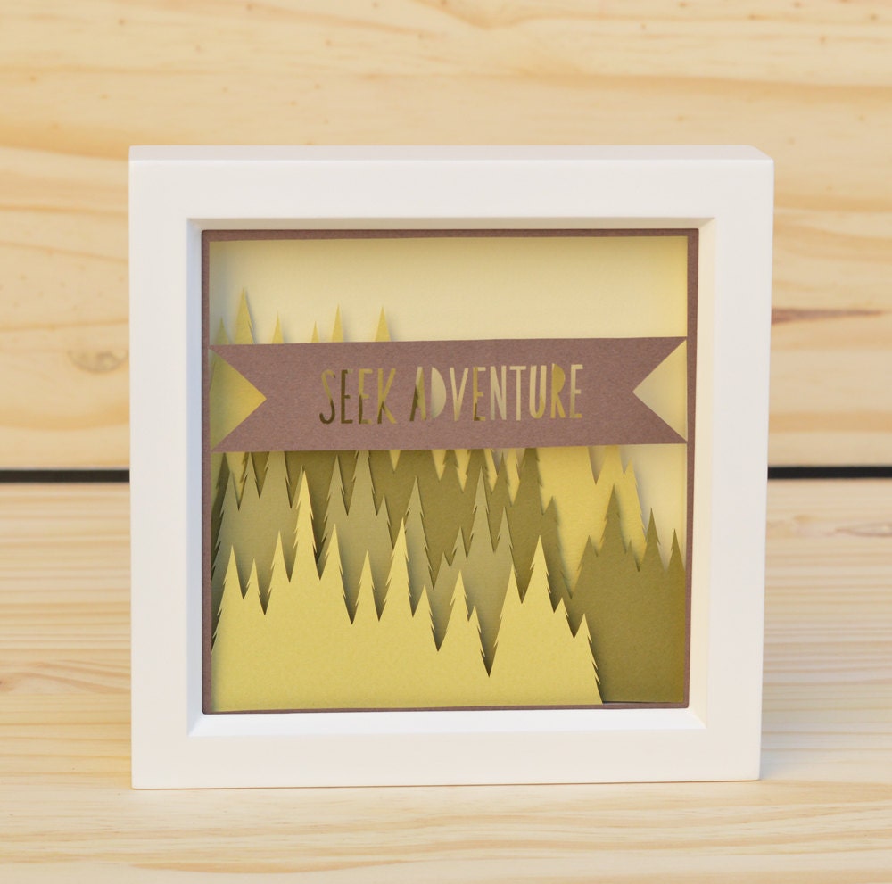 seek adventure . 5x5 . cut paper shadow box . banner & evergreens