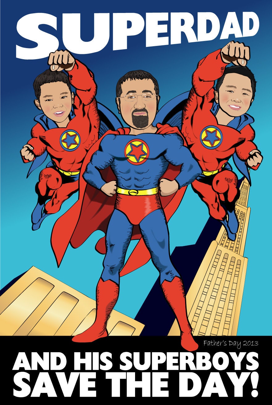 SuperDad Print - Personalized Superhero Print  with 3 Superheroes - Illustrated from your photos-  PRINTABLE FILE