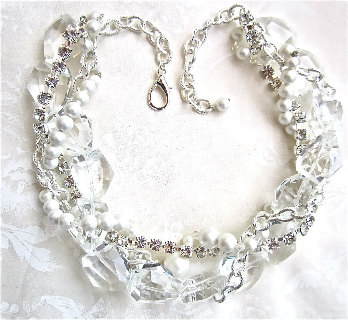 Chunky Crystal Necklace, Pearl, & Rhinestone Wedding Statement Necklace White Chunky Bridal Necklace Bridal Jewelry