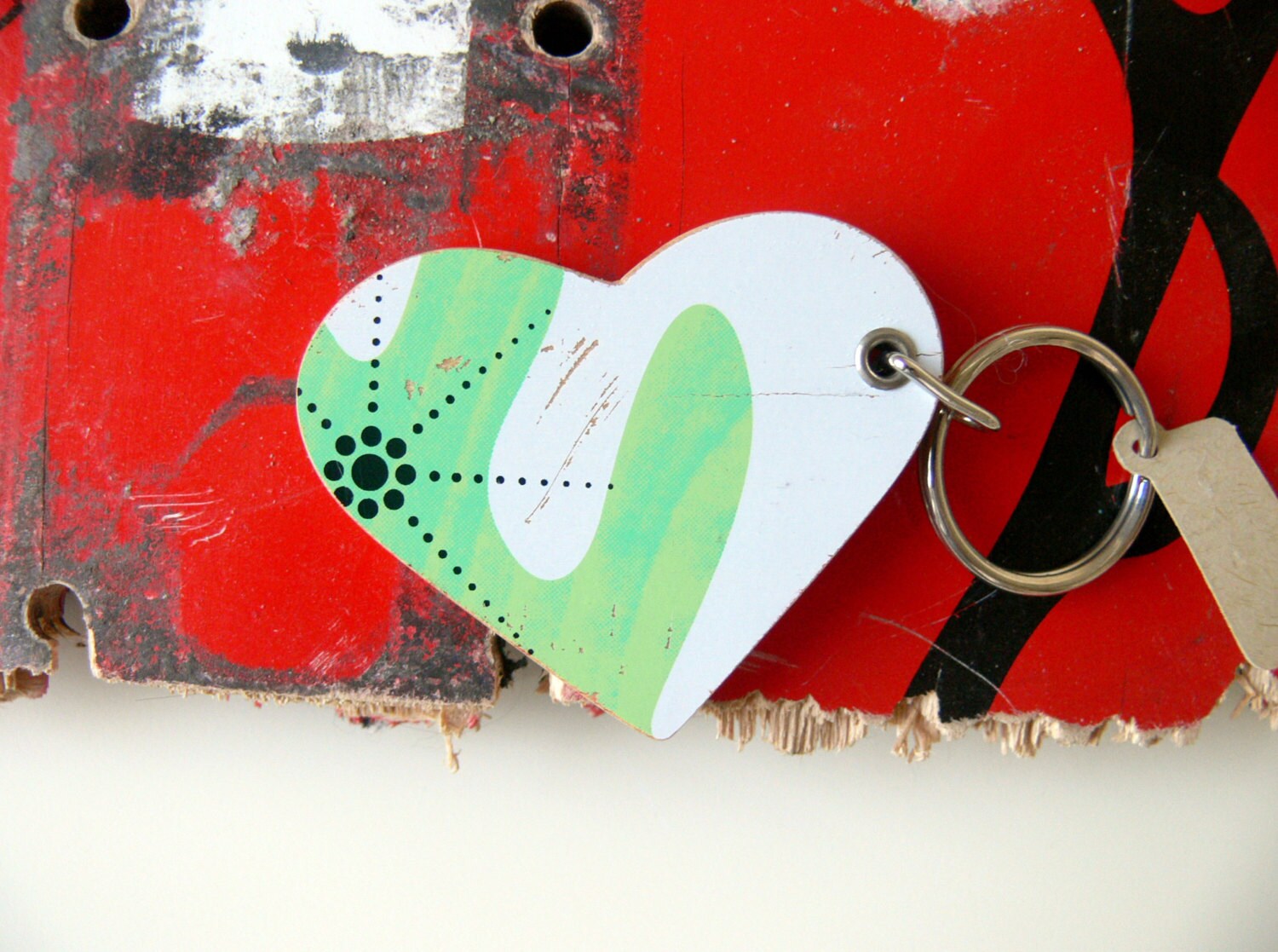 White and Green with Black Starburst Wooden Recycled Skateboard Heart Keychain