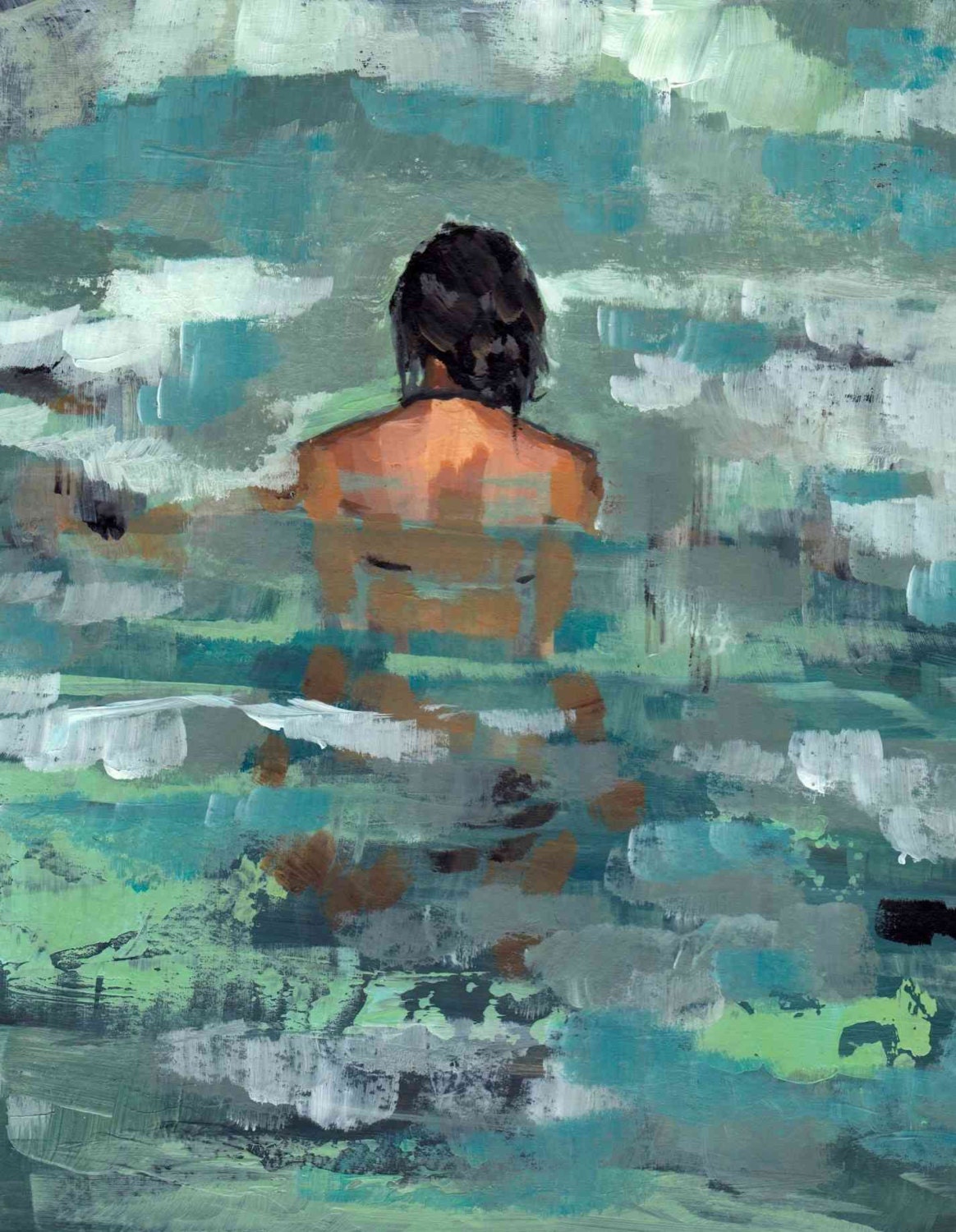Undertow . giclee art print of acrylic painting of woman in the ocean