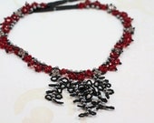 Red, Black, Beaded Beadwork Necklace, Red, Black, Grey Crystals