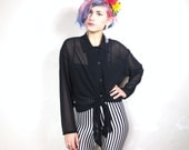 90s Goth Cropped Sheer Black Tie Front Blouse (M/L)
