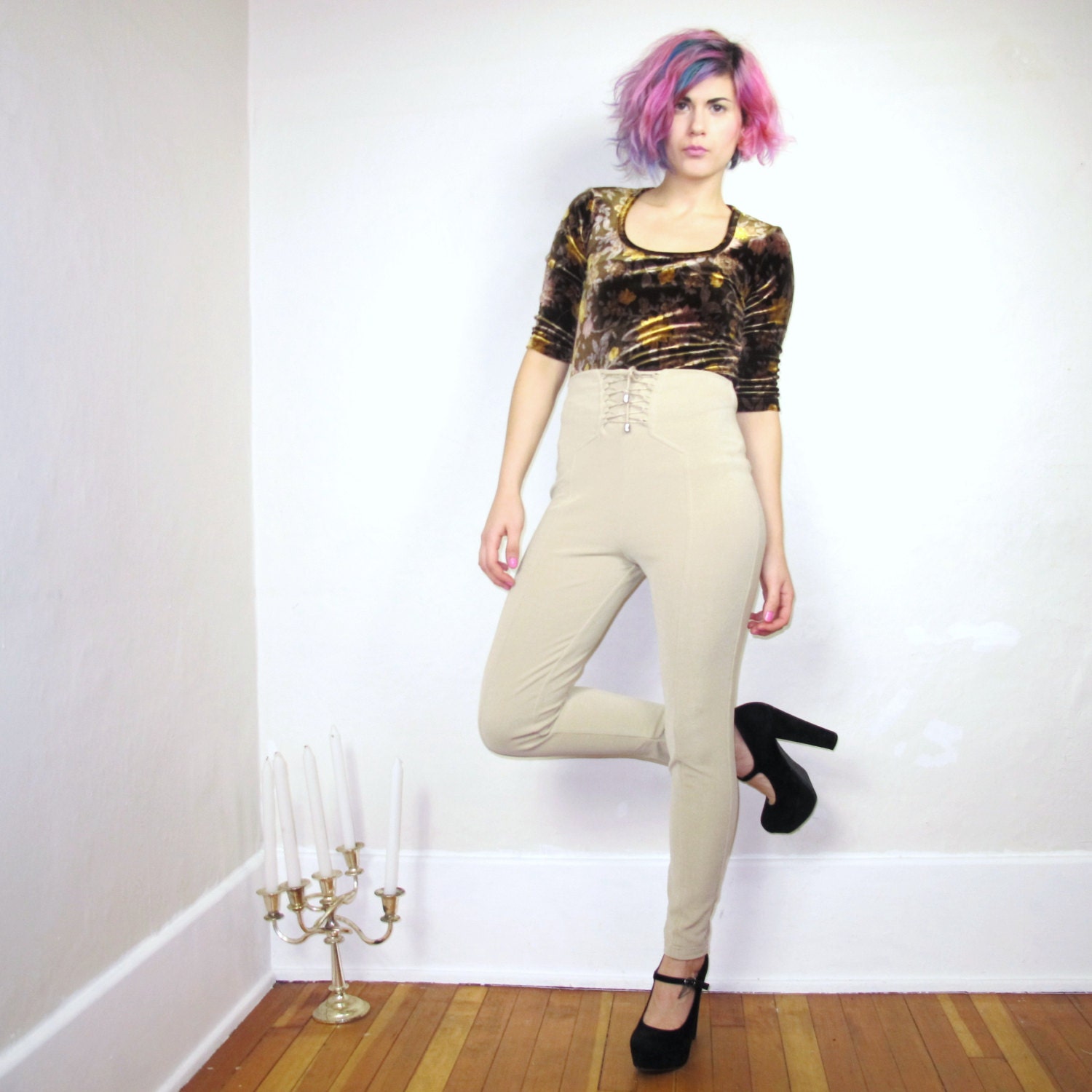 90s Beige Equestrian Lace Up High Waist Equestrian Pants (XS/S)