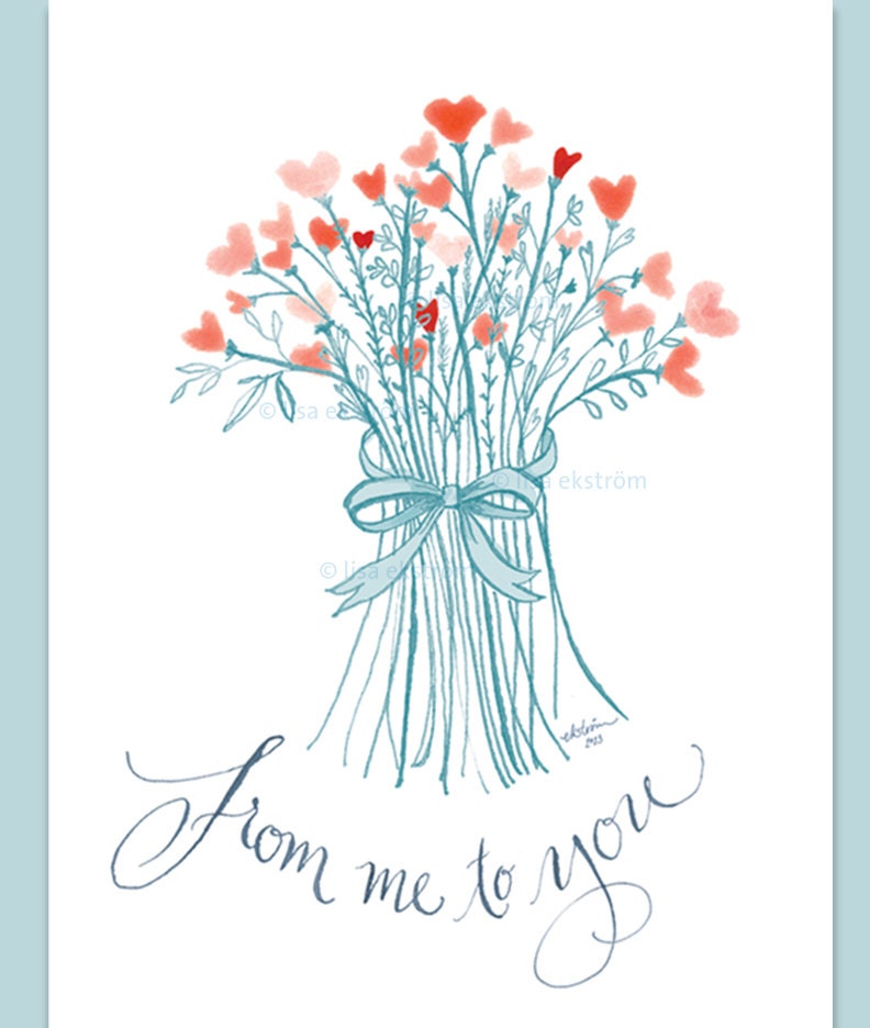 instant printable card pdf hand-illustrated hand-calligrapy  - from me to you - bouquet of hearts - love