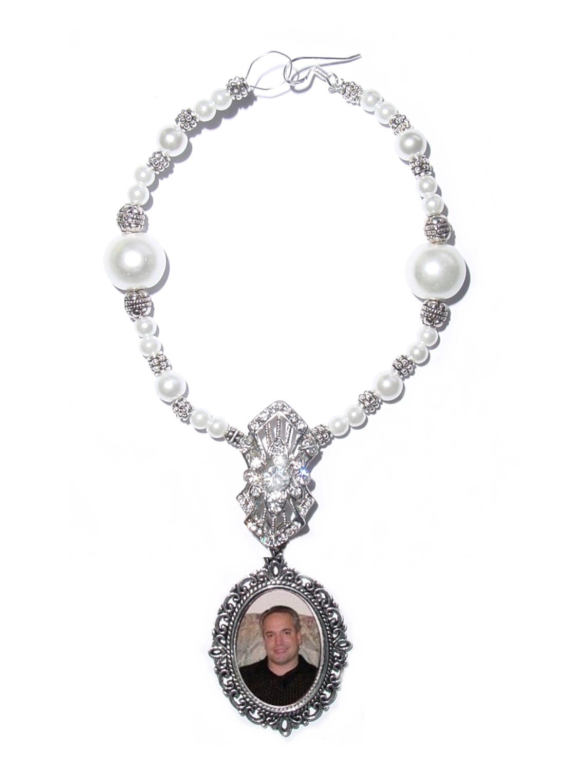 Wedding Bouquet Memorial Photo Oval Metal Charm Crystal Gems Pearls Silver Victorian Diamond Tibetan Beads - FREE SHIPPING