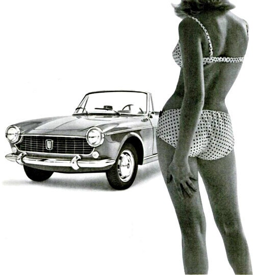 Sexy 1964 Fiat Ad - Retro Italian Car Advertisement - Mid Century Man Cave Italy Black and White Polka Dot Bikini Girl Bachelor Pad Wall Art