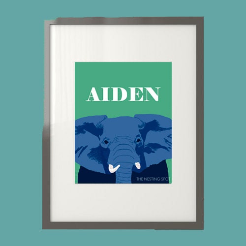 Personalized Elephant Art Print in Green, Orange, or Yellow- 8 x 10 or 5 x 7
