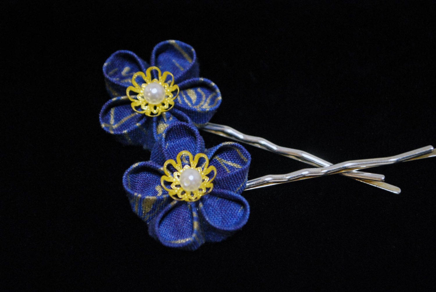 Blue and Gold Kanzashi Pins
