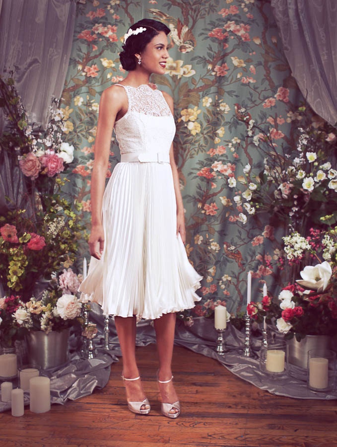 1940's Inspired Modern Vintage Dancing Dress, Tea Length Bridal, Lace Illusion neckline with Cut-in Halter Shoulders, the "Reece-Piper"
