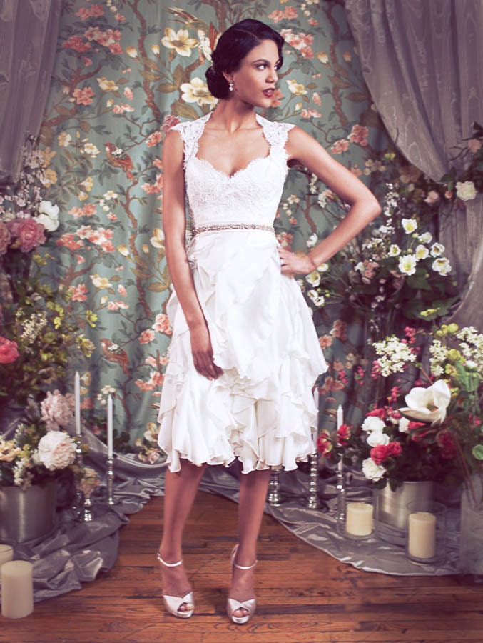 Sweetheart Neckline Cap Sleeve French Lace Bustier with Keyhole back neckline, Ruffle Short Skirt, the "Alexis-Savannah"