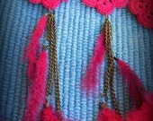 Crochet flower earrings with hanging feather, Bohemian Jewelry
