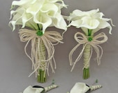 Wedding Flowers Real Touch Calla Lily Bridal Bouquet Maid of Honor Bouquet Groom's Boutonniere in White with Lace Wrap