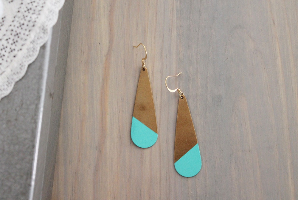 Large Round Angled Turquoise Color Dipped Brass Dangle Earrings