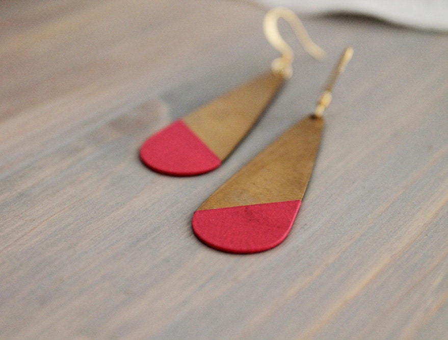 Large Round Angled Fuchsia Color Dipped Brass Dangle Earrings