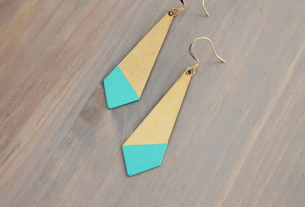 Large Pointed Angle Turquoise Color Dipped Brass Dangle Earrings