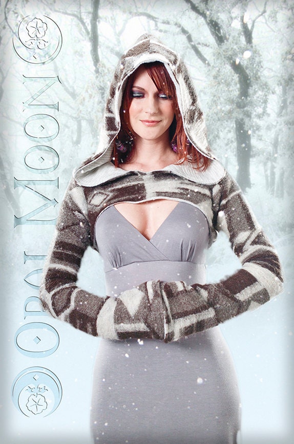 LAST ONE: The "Navajo" Reversible Hooded Shrug in Pearl White/Brown by Opal Moon Designs (size L)