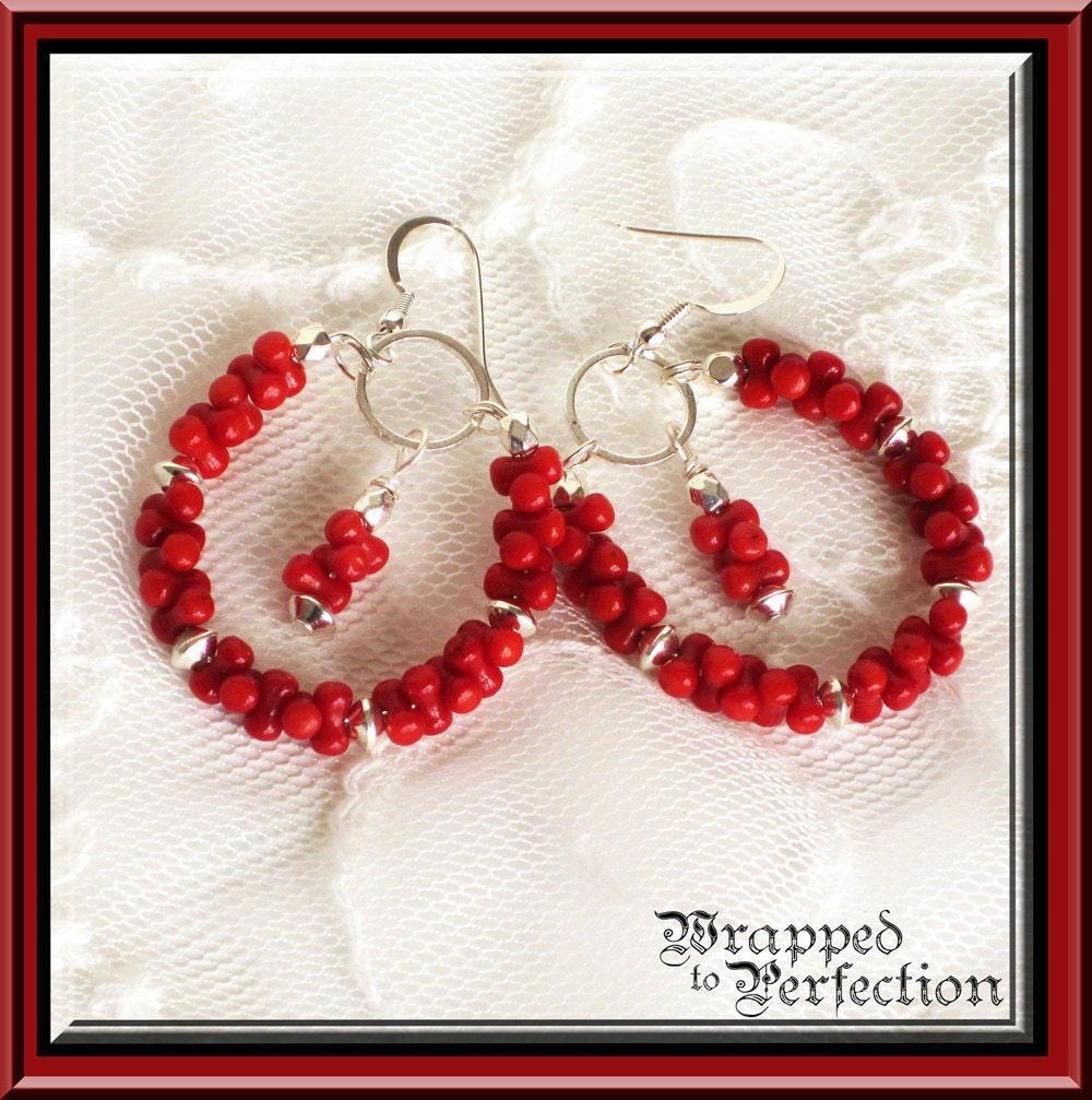 Red & Silver Hoop Earrings / Dangle / BoHo Bohemian Gypsy / Tomato Rouge / Texture / Sterling Silver Ear Wires / Beaded Hoops