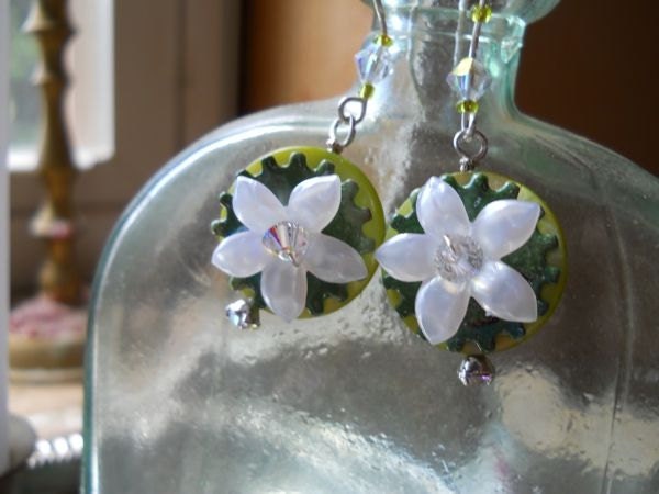 Spring Gears Floral Steampunk Earrings