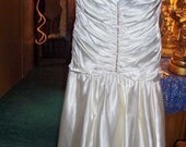 Vintage SHORT wedding or prom dress with chapel hemline, rhinestones, matching headpiece