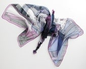 Hand dyed white silk scarf with black violet and blue flowers on chiffon - hand painted scarves - wearable art painted 18x72