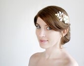 Bridal Hair Comb, wedding hair accessories, flowers and pearl comb, golden leaves flowers in Ivory and champagne satin with an ivory pearl