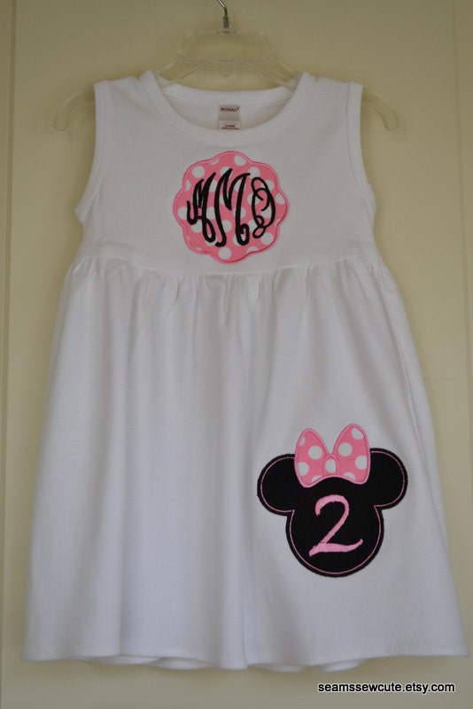 Monogrammed Pink Birthday Minnie Mouse White Sleeveless Empire Waist Dress