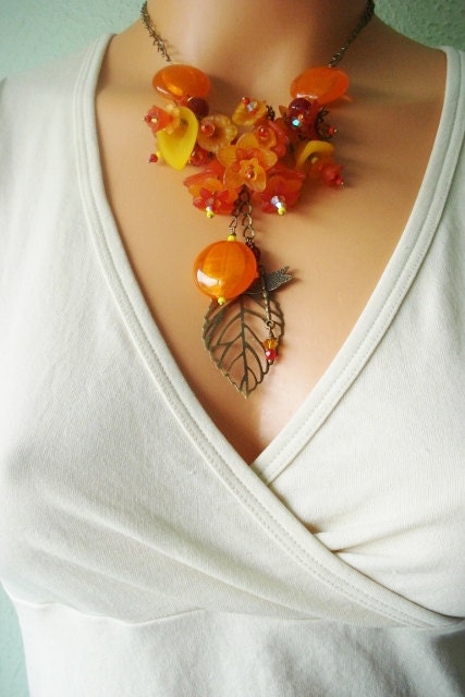 Sale, Tangerine Tango Flower Necklace, TANGO in the GARDEN, Statement Necklace, Wedding, Bridal, Bridesmaid Necklace