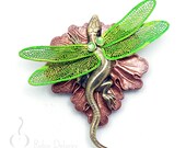 Fantasy DRAGON FLY Lizard with Green Dragonfly Wings on Leaf Brooch Pin Mixed Metal Brass Copper Pin0048 by Robin Delargy LooLoo's Box