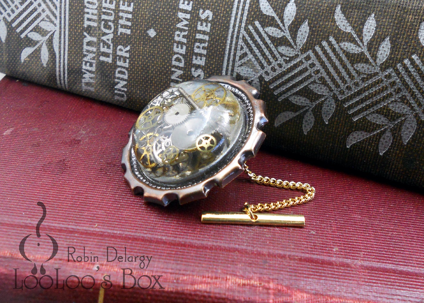 Steampunk Explosion Lapel Pin Tie Tack Cast Resin Cabochon on Dark Brass Gear Setting Pin0053 by Robin Delargy LooLoo's Box