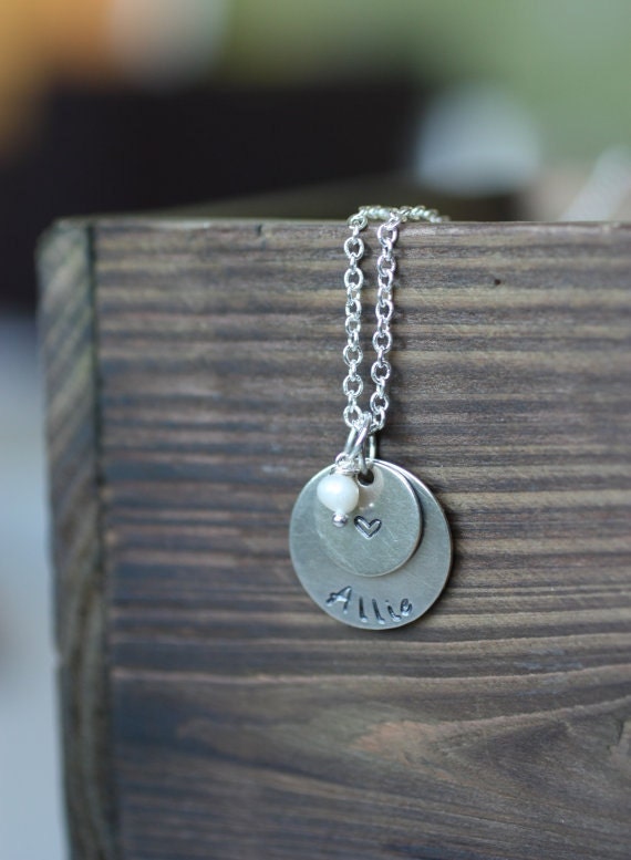 Children's Name Stacked Heart Silver Handstamped Necklace - Next Day Shipping