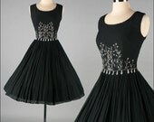 Vintage 1950s Dress . ELINOR GAY . black beaded . 2709