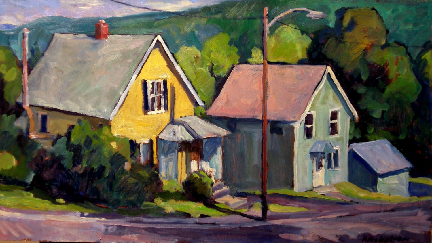 Original Oil Painting, Sunny Houses. Small Framed Realist Impressionist Cityscape Landscape