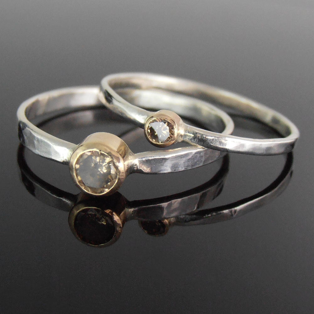 Champagne Diamond, 14k Gold and Sterling Silver Stack Ring Set