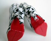 OOAK Black and white houndstooth print ankle boots with red Christian Louboutin style soles for 12-inch fashion dolls