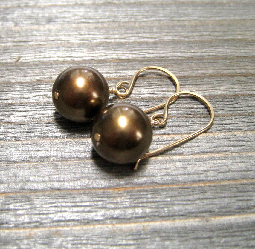 14K Gold Filled Pearl Earrings, Chocolate Brown Sea Shell Pearls, Dangle Earrings, June Birthstone Jewelry