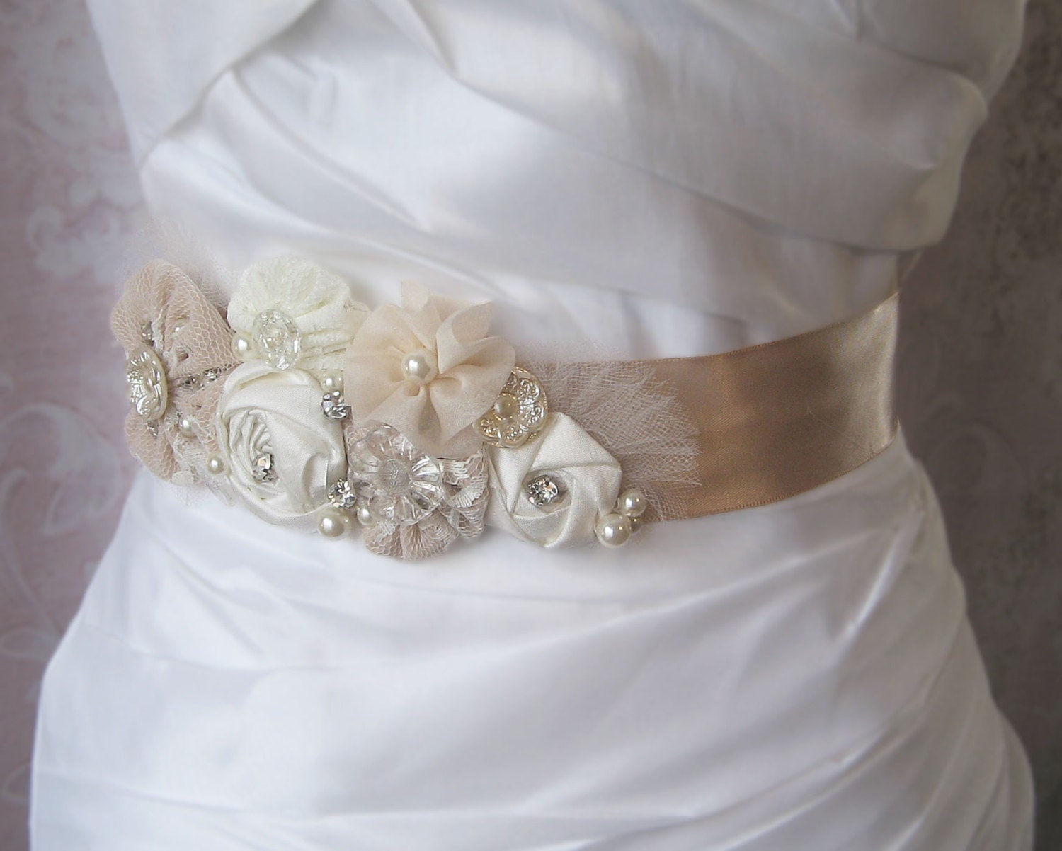 Champagne and Ivory Sash, Rustic Bridal Sash, Vintage Wedding Belt, Rhinestone and Pearl Flower Sash - KATIE